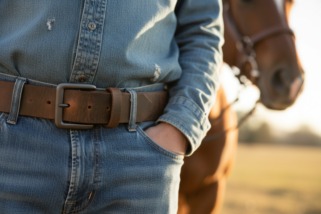 Man standing next to a horse wearing a crazy horse leather belt with black buckle